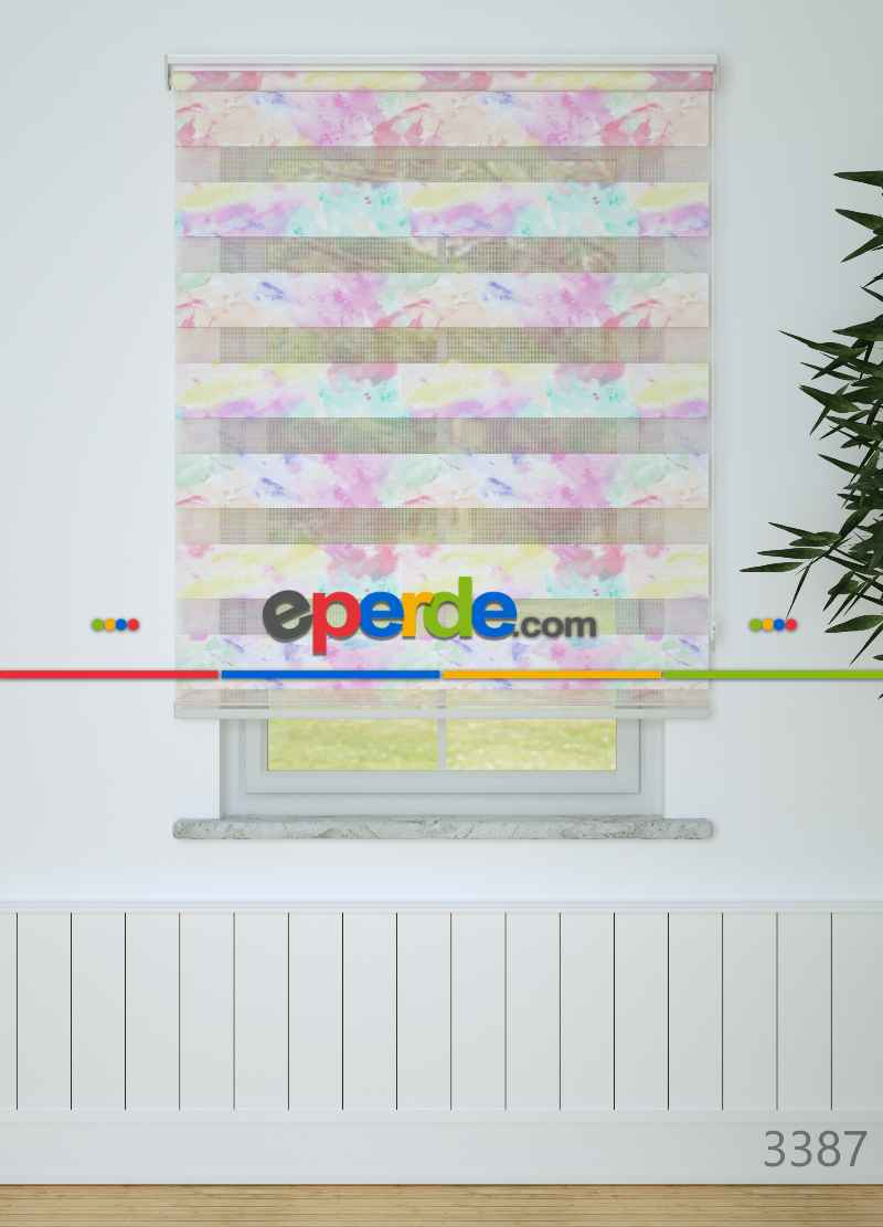 Çocuk Odası - Pembe Mint Suluboya Desenli Baskılı Zebra Perde