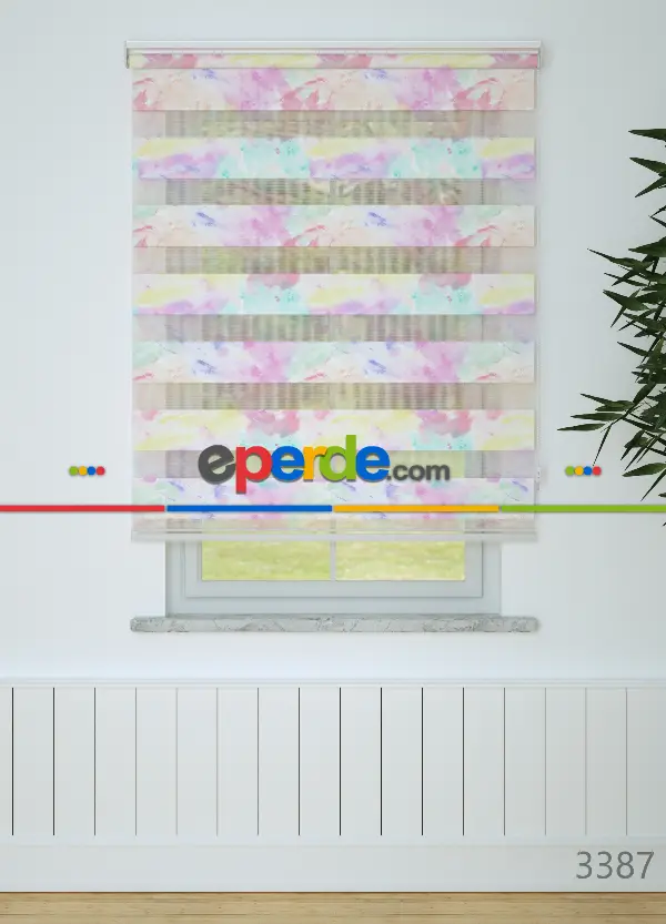 Genç Odası - Pembe Mint Suluboya Desenli Baskılı Zebra Perde