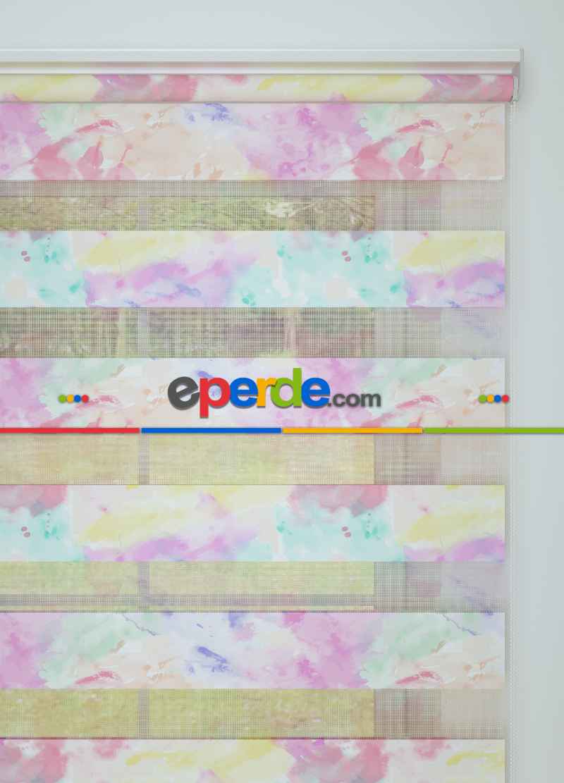 Çocuk Odası - Pembe Mint Suluboya Desenli Baskılı Zebra Perde