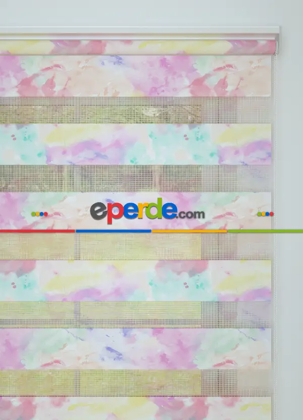 Genç Odası - Pembe Mint Suluboya Desenli Baskılı Zebra Perde