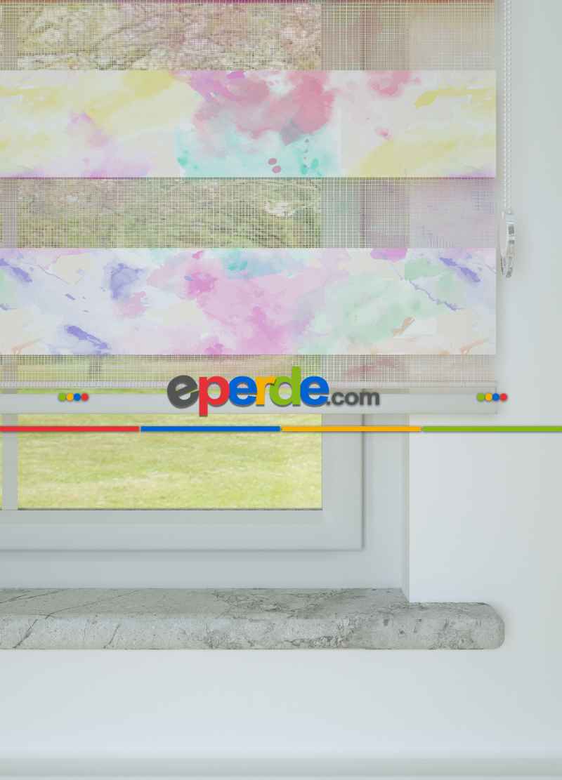 Çocuk Odası - Pembe Mint Suluboya Desenli Baskılı Zebra Perde