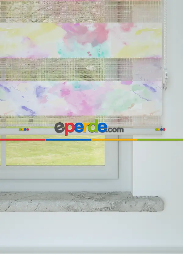 Genç Odası - Pembe Mint Suluboya Desenli Baskılı Zebra Perde