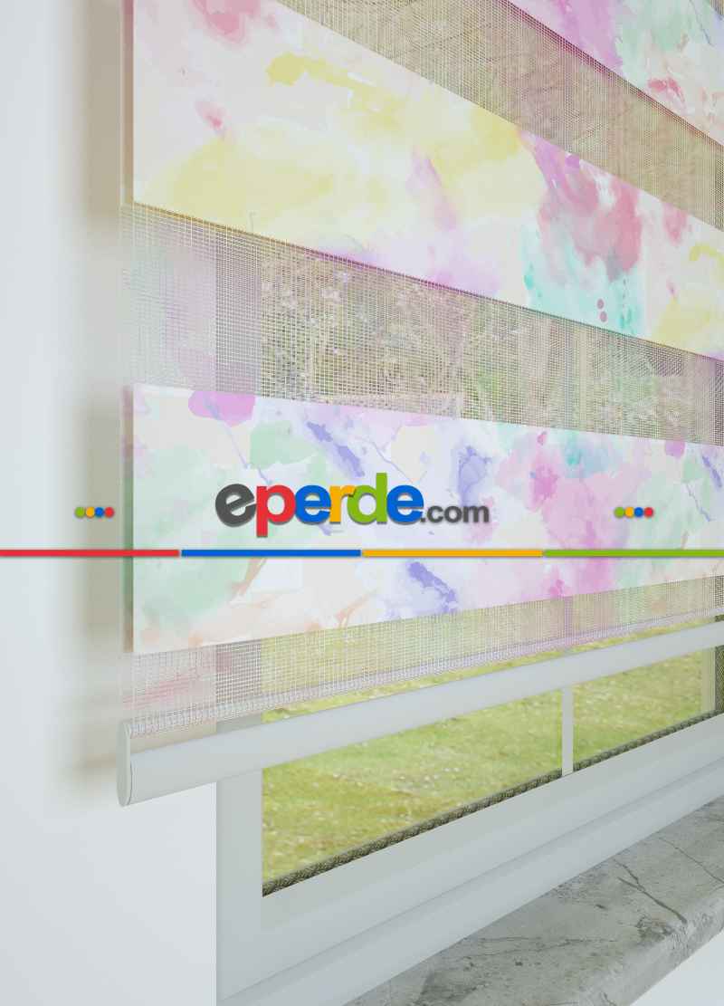 Çocuk Odası - Pembe Mint Suluboya Desenli Baskılı Zebra Perde