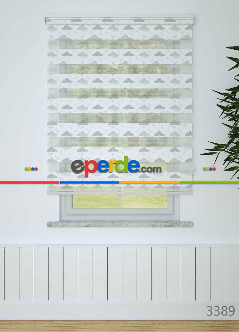 Çocuk Odası - Gri Bulut Ve Yıldız Desenli Baskılı Zebra Perde