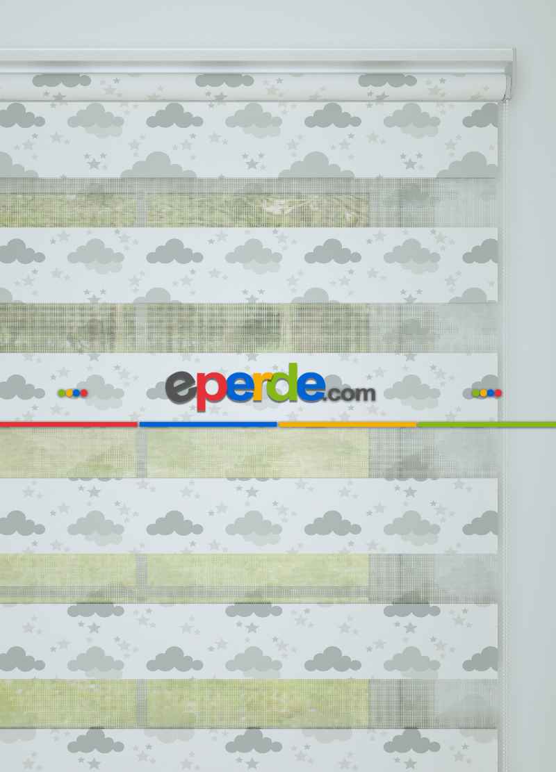 Çocuk Odası - Gri Bulut Ve Yıldız Desenli Baskılı Zebra Perde