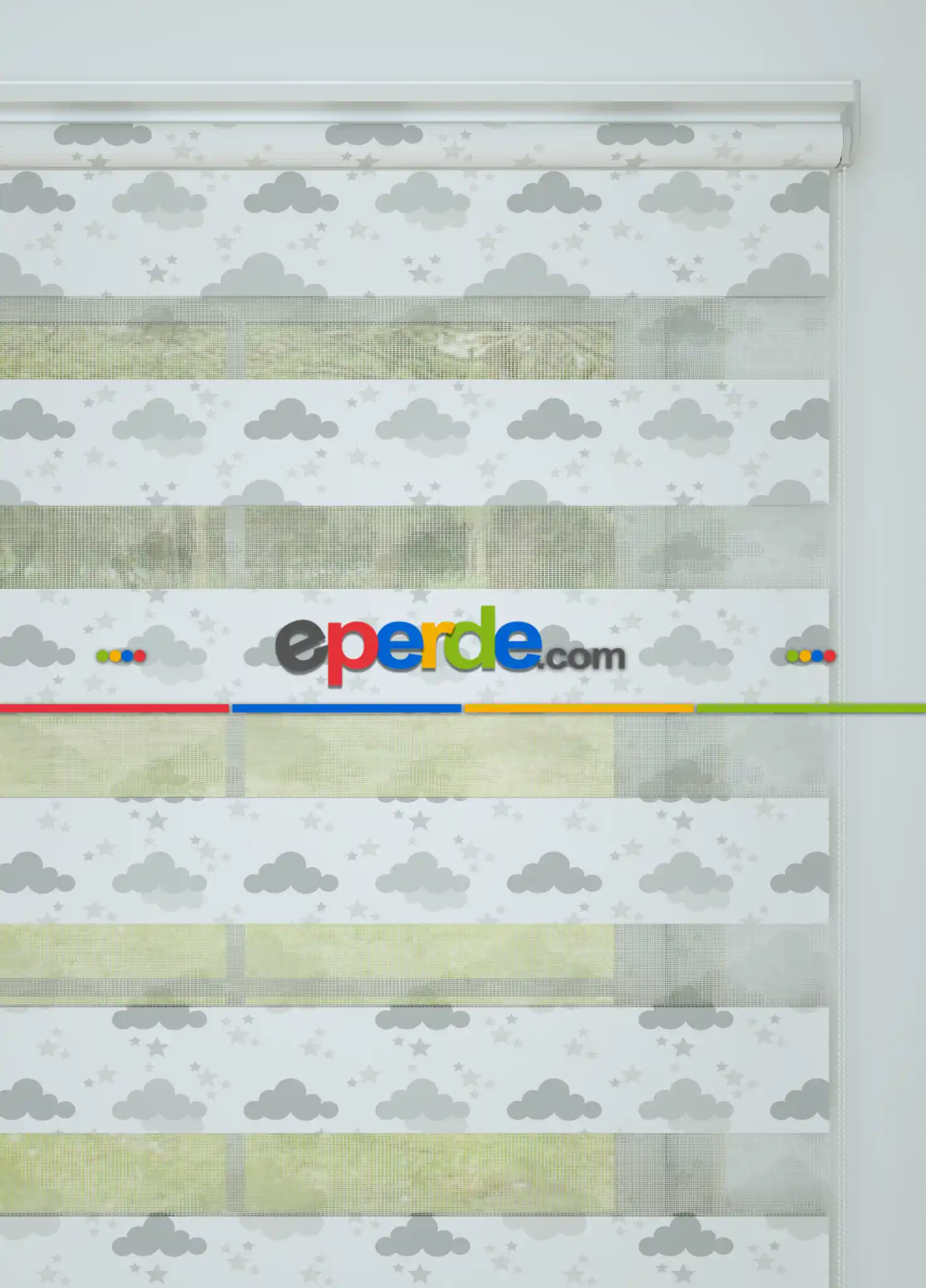 Bebek Odası - Gri Bulut Ve Yıldız Desenli Baskılı Zebra Perde