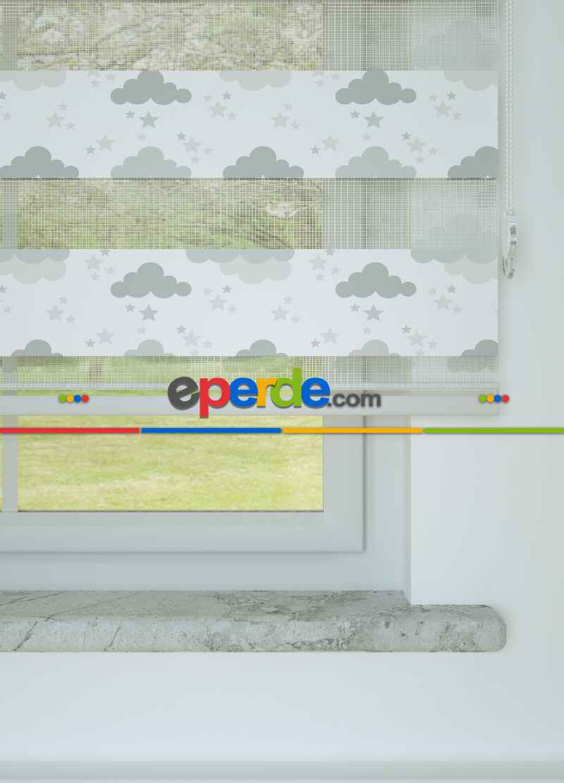 Çocuk Odası - Gri Bulut Ve Yıldız Desenli Baskılı Zebra Perde