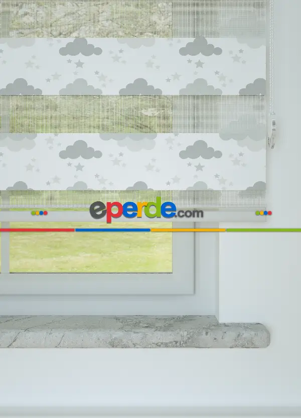 Bebek Odası - Gri Bulut Ve Yıldız Desenli Baskılı Zebra Perde