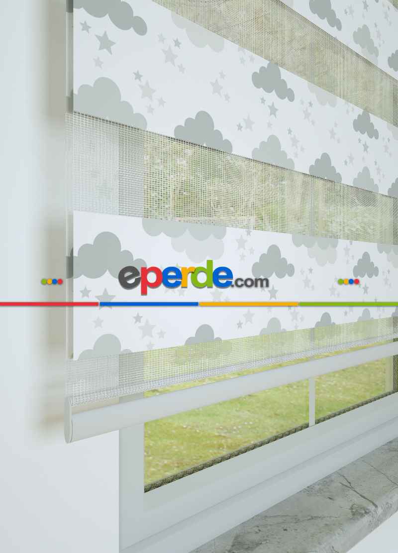 Çocuk Odası - Gri Bulut Ve Yıldız Desenli Baskılı Zebra Perde
