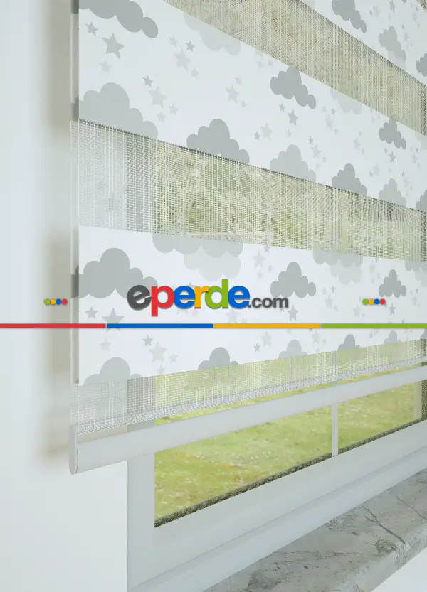 Bebek Odası - Gri Bulut Ve Yıldız Desenli Baskılı Zebra Perde