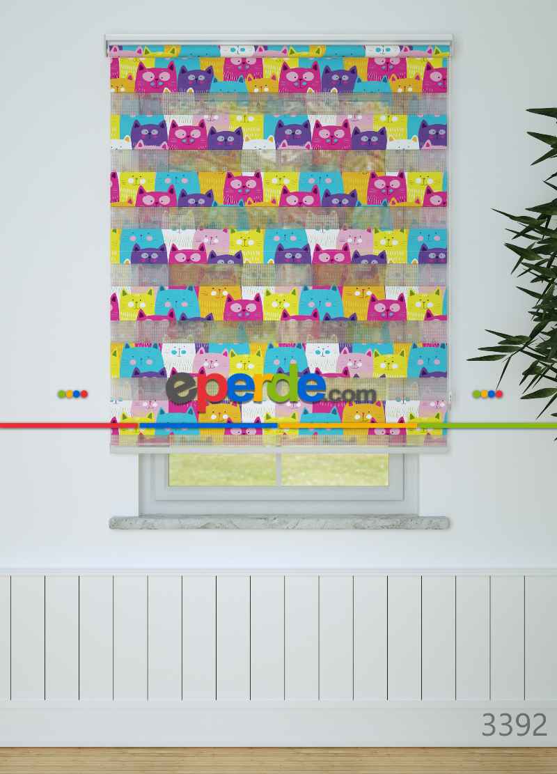 Çocuk Odası - Fuşya Turkuaz Kedi Desenli Baskılı Zebra Perde