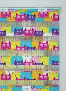 Fuşya Turkuaz Kedi Desenli Baskılı Zebra Perde