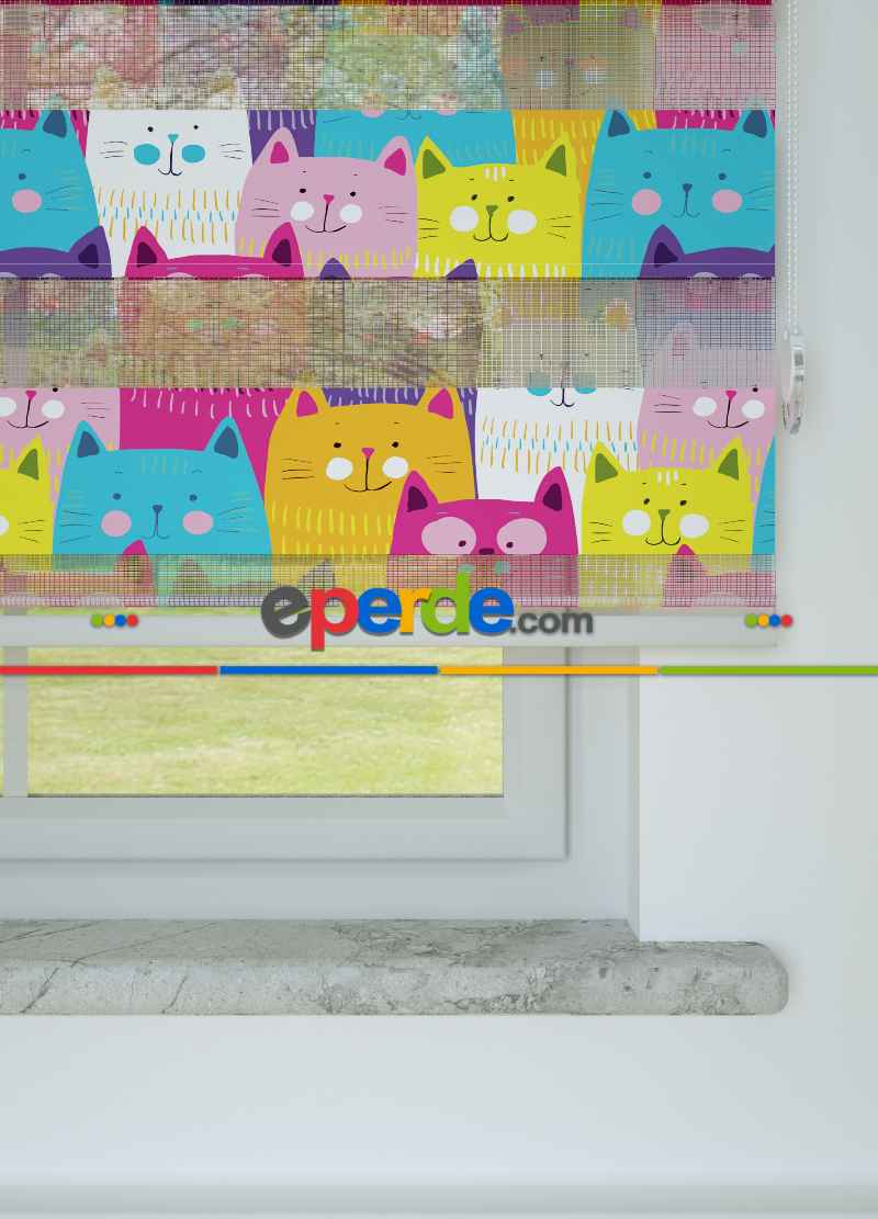 Çocuk Odası - Fuşya Turkuaz Kedi Desenli Baskılı Zebra Perde