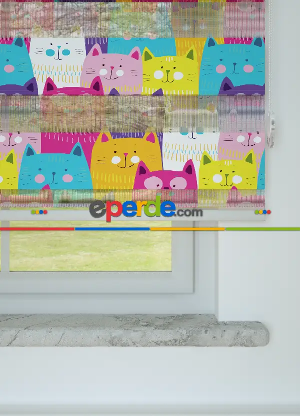 Fuşya Turkuaz Kedi Desenli Baskılı Zebra Perde