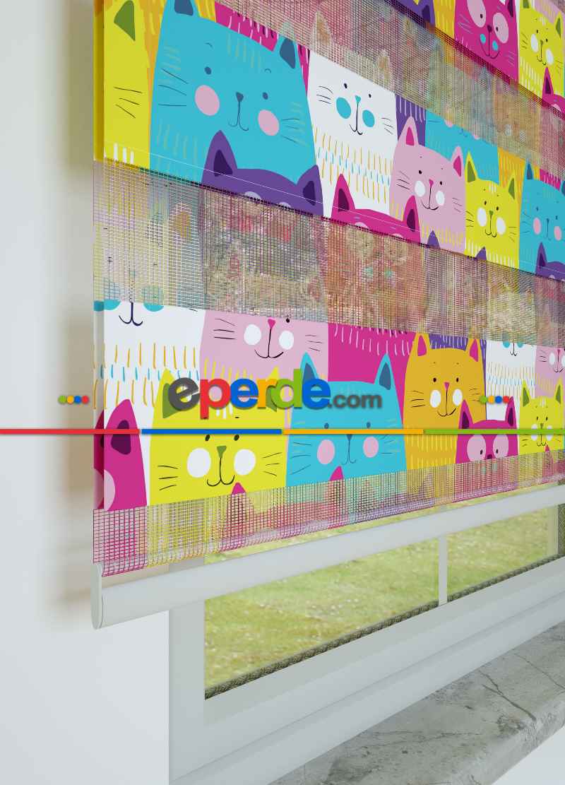 Çocuk Odası - Fuşya Turkuaz Kedi Desenli Baskılı Zebra Perde