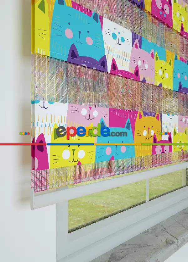 Fuşya Turkuaz Kedi Desenli Baskılı Zebra Perde