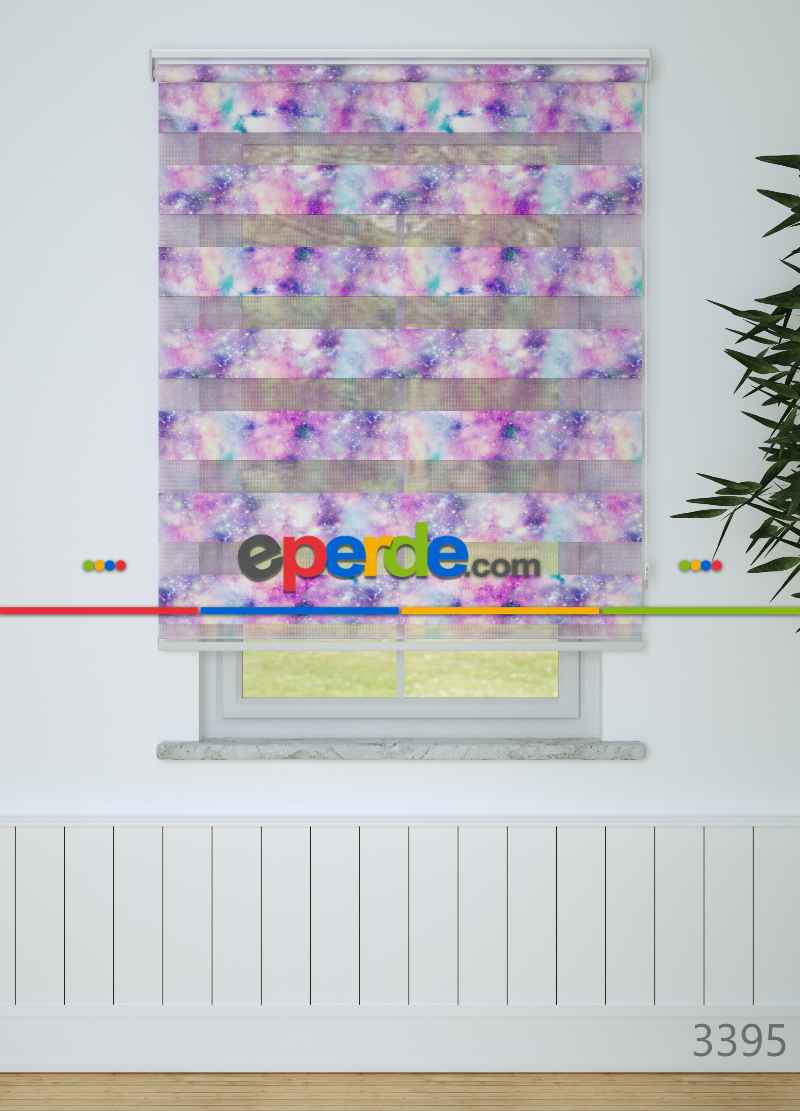 Mor Pembe Suluboya Desenli Baskılı Zebra Perde