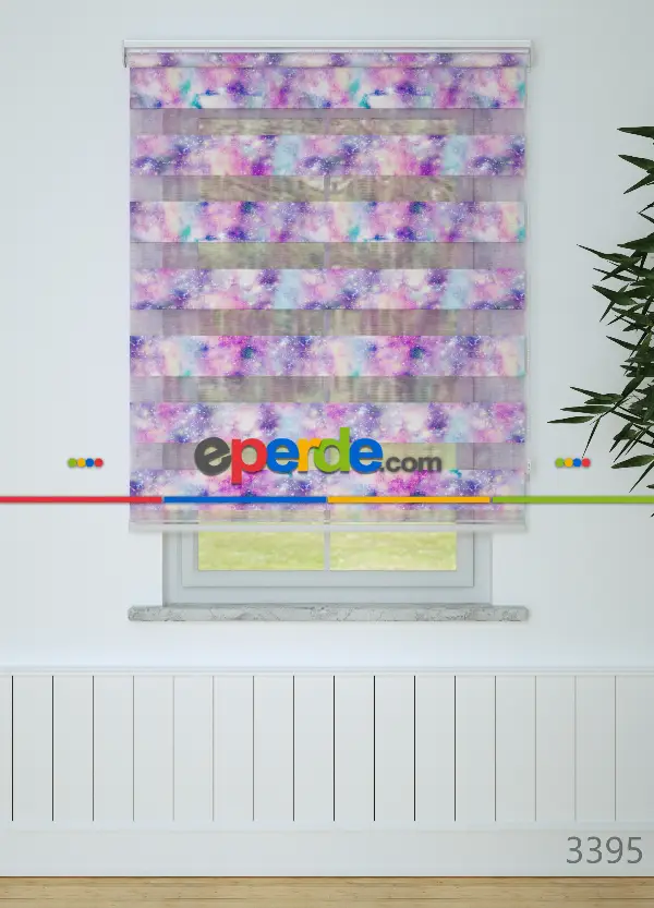 Genç Odası - Mor Pembe Suluboya Desenli Baskılı Zebra Perde