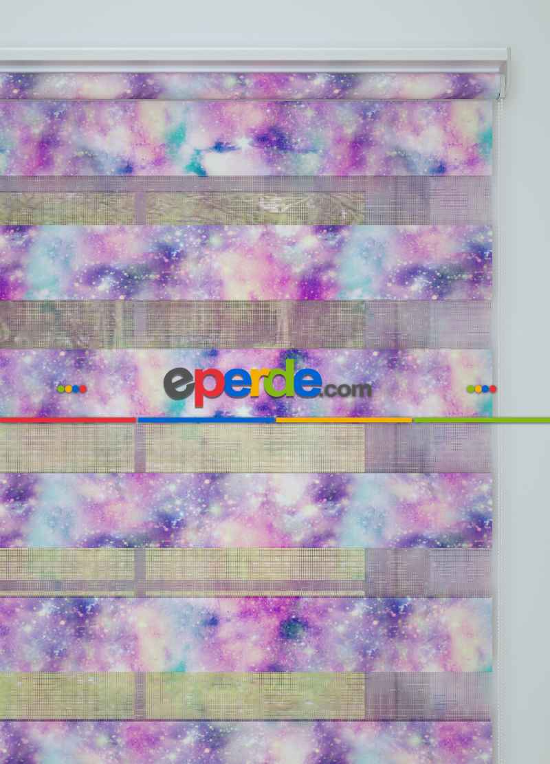 Mor Pembe Suluboya Desenli Baskılı Zebra Perde