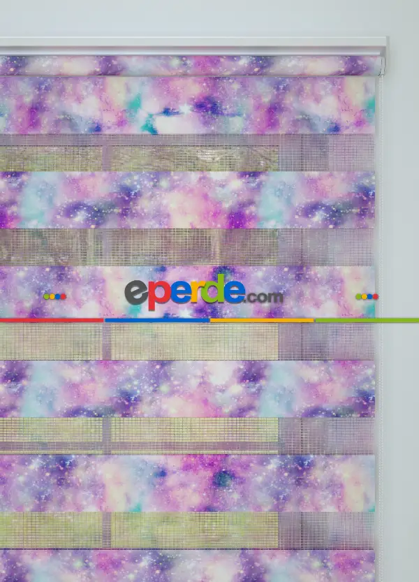 Genç Odası - Mor Pembe Suluboya Desenli Baskılı Zebra Perde