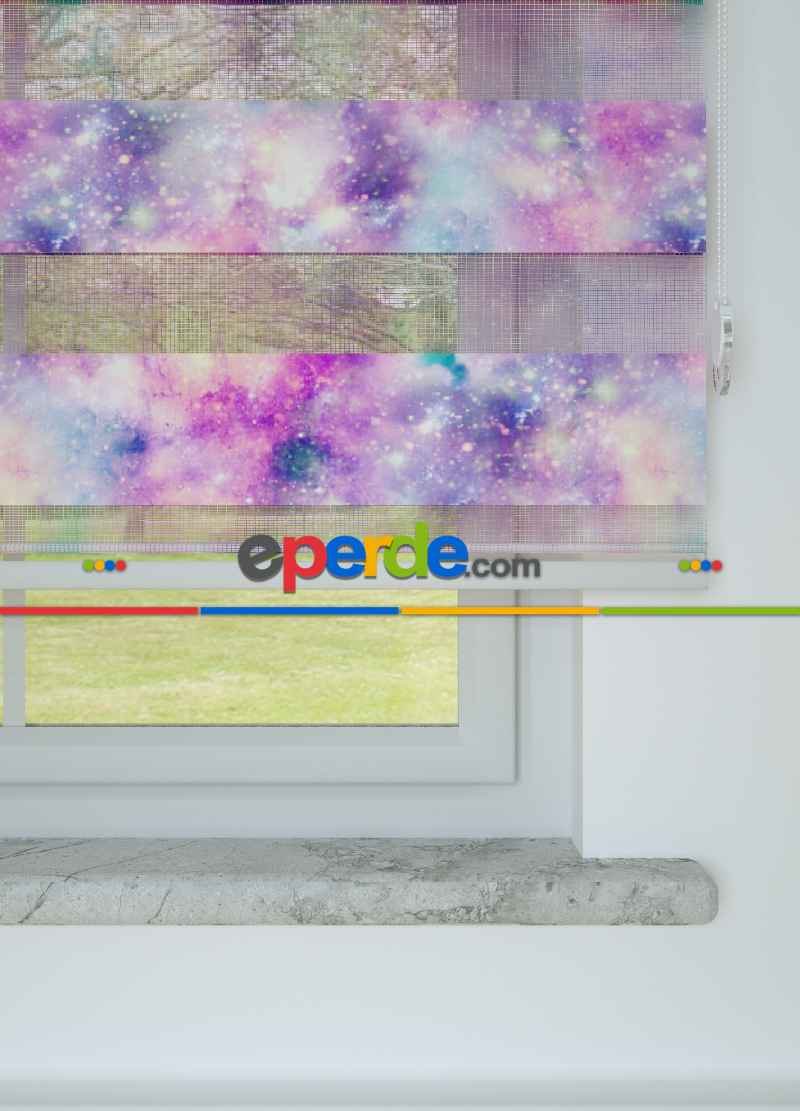 Mor Pembe Suluboya Desenli Baskılı Zebra Perde