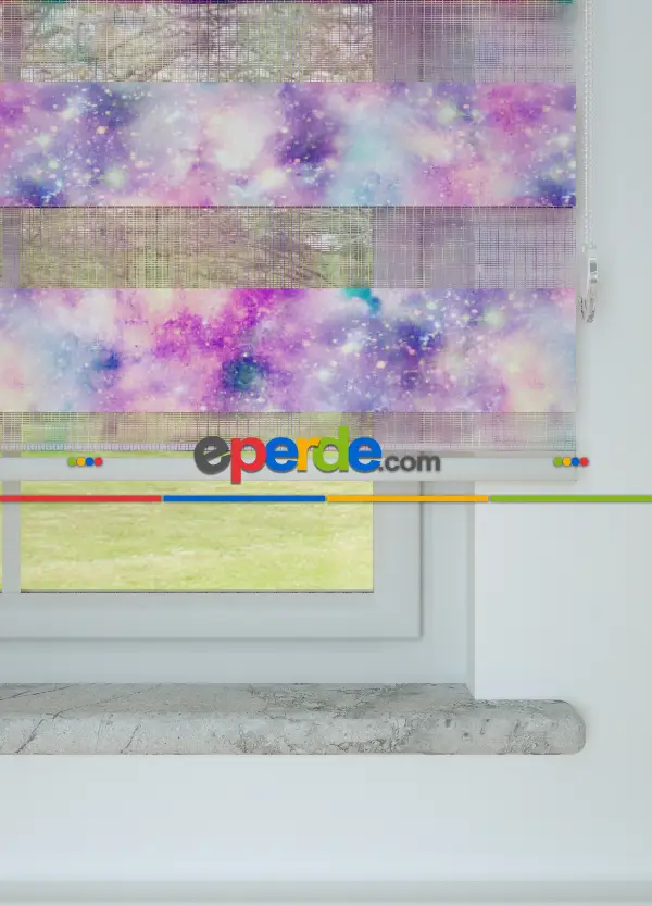 Genç Odası - Mor Pembe Suluboya Desenli Baskılı Zebra Perde