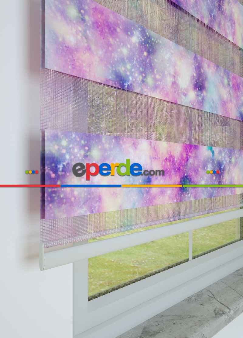 Mor Pembe Suluboya Desenli Baskılı Zebra Perde