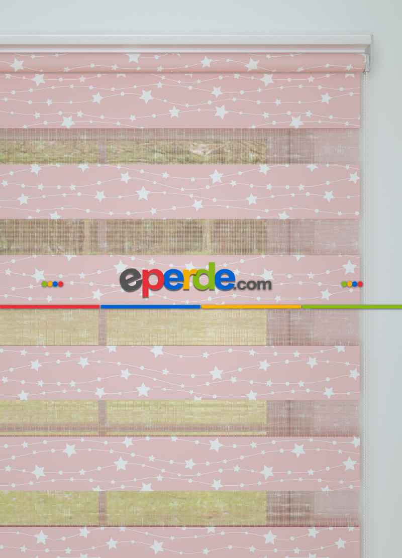 Bebek Odası - Pembe Yıldız Desenli Baskılı Zebra Perde