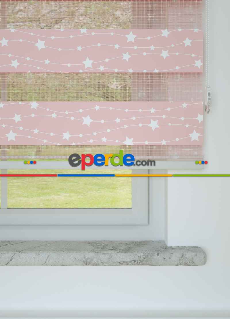 Bebek Odası - Pembe Yıldız Desenli Baskılı Zebra Perde