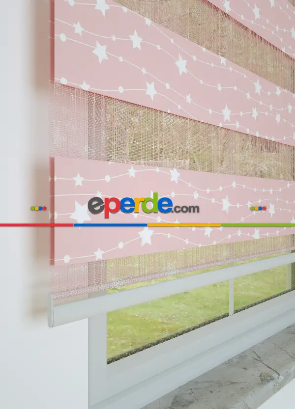 Bebek Odası - Pembe Yıldız Desenli Baskılı Zebra Perde