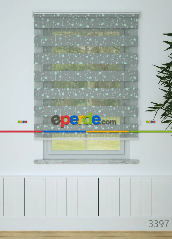 Bebek Odası - Gri Mint Yıldız Desenli Baskılı Zebra Perde