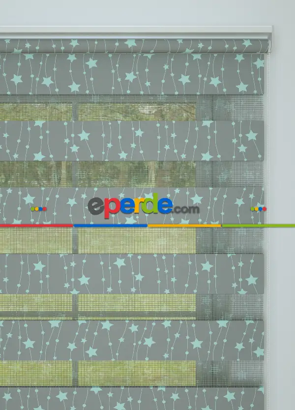 Bebek Odası - Gri Mint Yıldız Desenli Baskılı Zebra Perde