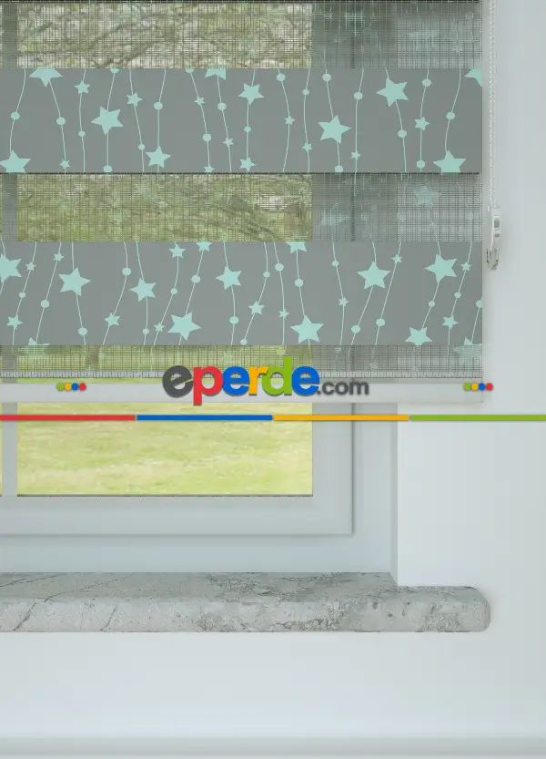 Bebek Odası - Gri Mint Yıldız Desenli Baskılı Zebra Perde