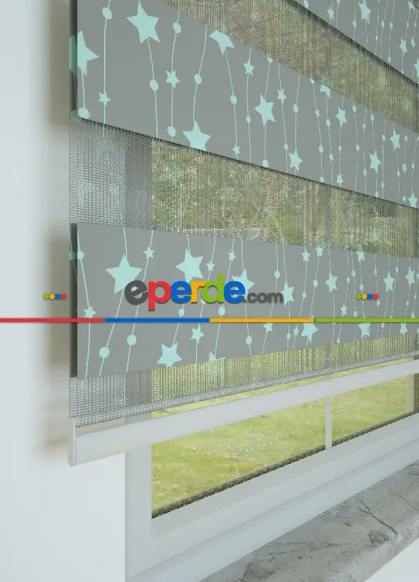 Bebek Odası - Gri Mint Yıldız Desenli Baskılı Zebra Perde