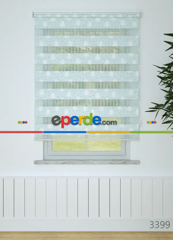 Bebek Odası - Mint Çam Ağacı Desenli Baskılı Zebra Perde