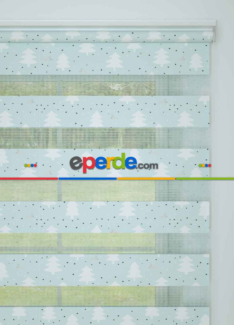 Çocuk Odası - Mint Çam Ağacı Desenli Baskılı Zebra Perde