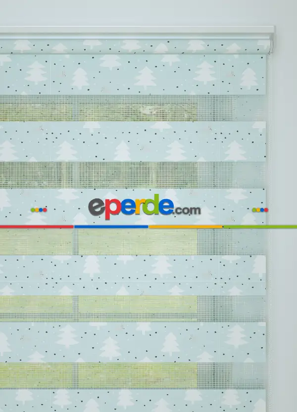 Bebek Odası - Mint Çam Ağacı Desenli Baskılı Zebra Perde