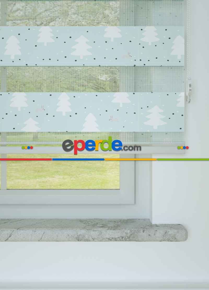 Çocuk Odası - Mint Çam Ağacı Desenli Baskılı Zebra Perde