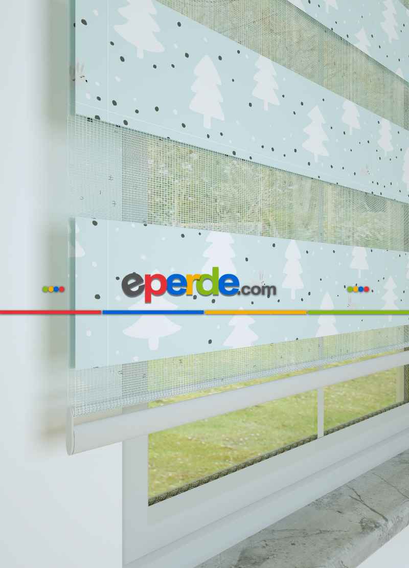 Çocuk Odası - Mint Çam Ağacı Desenli Baskılı Zebra Perde