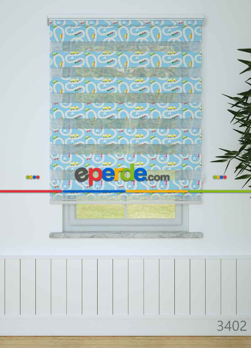 Çocuk Odası - Mavi Araba Ve Yol Desenli Baskılı Zebra Perde