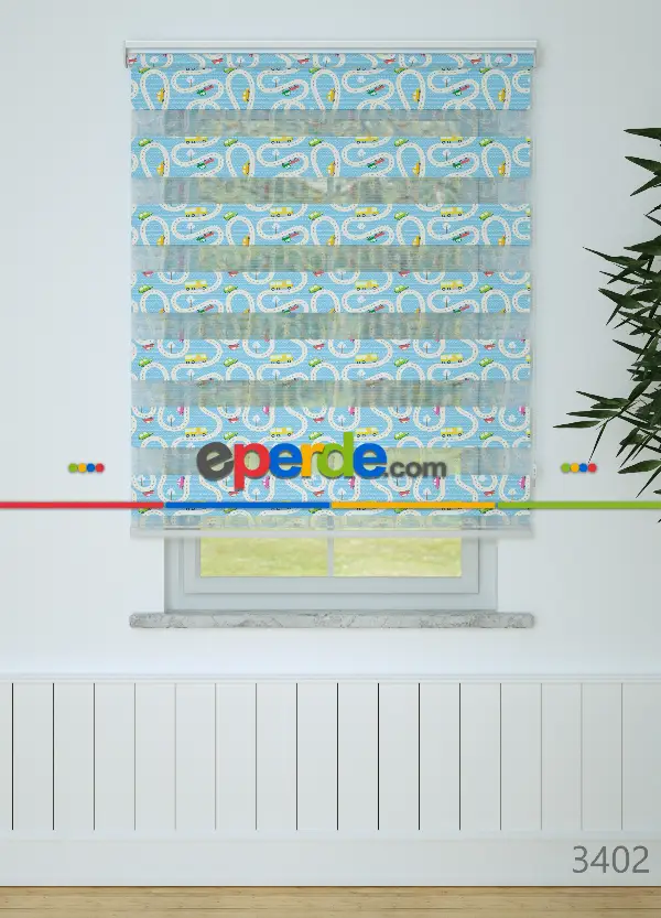 Mavi Araba Ve Yol Desenli Baskılı Zebra Perde