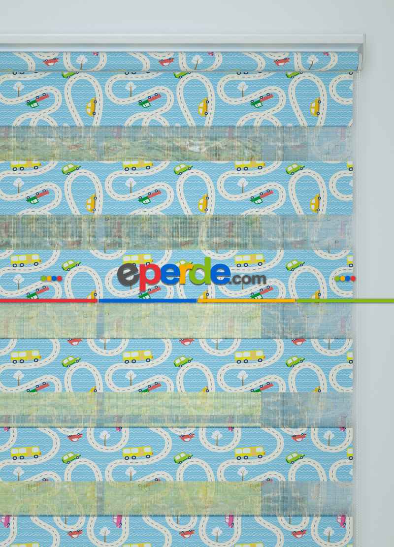 Çocuk Odası - Mavi Araba Ve Yol Desenli Baskılı Zebra Perde