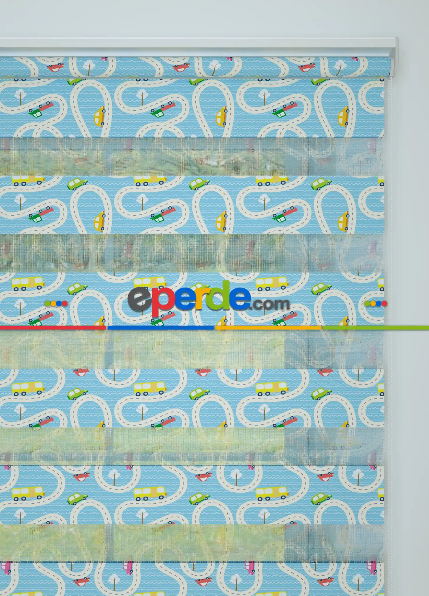 Mavi Araba Ve Yol Desenli Baskılı Zebra Perde