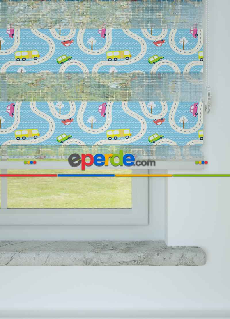 Çocuk Odası - Mavi Araba Ve Yol Desenli Baskılı Zebra Perde