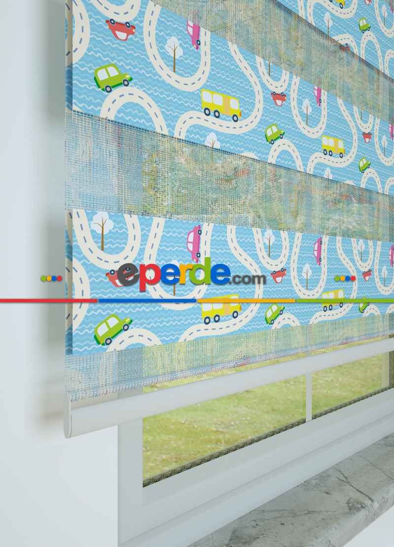 Çocuk Odası - Mavi Araba Ve Yol Desenli Baskılı Zebra Perde