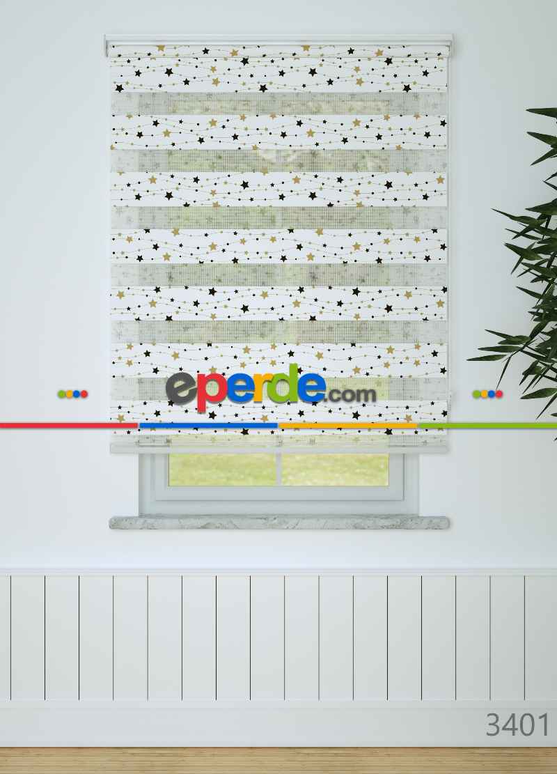 Bebek Odası - Siyah Altın Yıldız Desenli Baskılı Zebra Perde