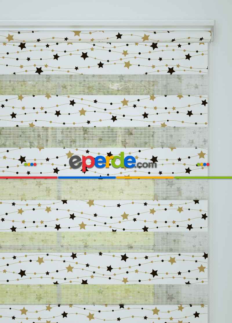 Bebek Odası - Siyah Altın Yıldız Desenli Baskılı Zebra Perde