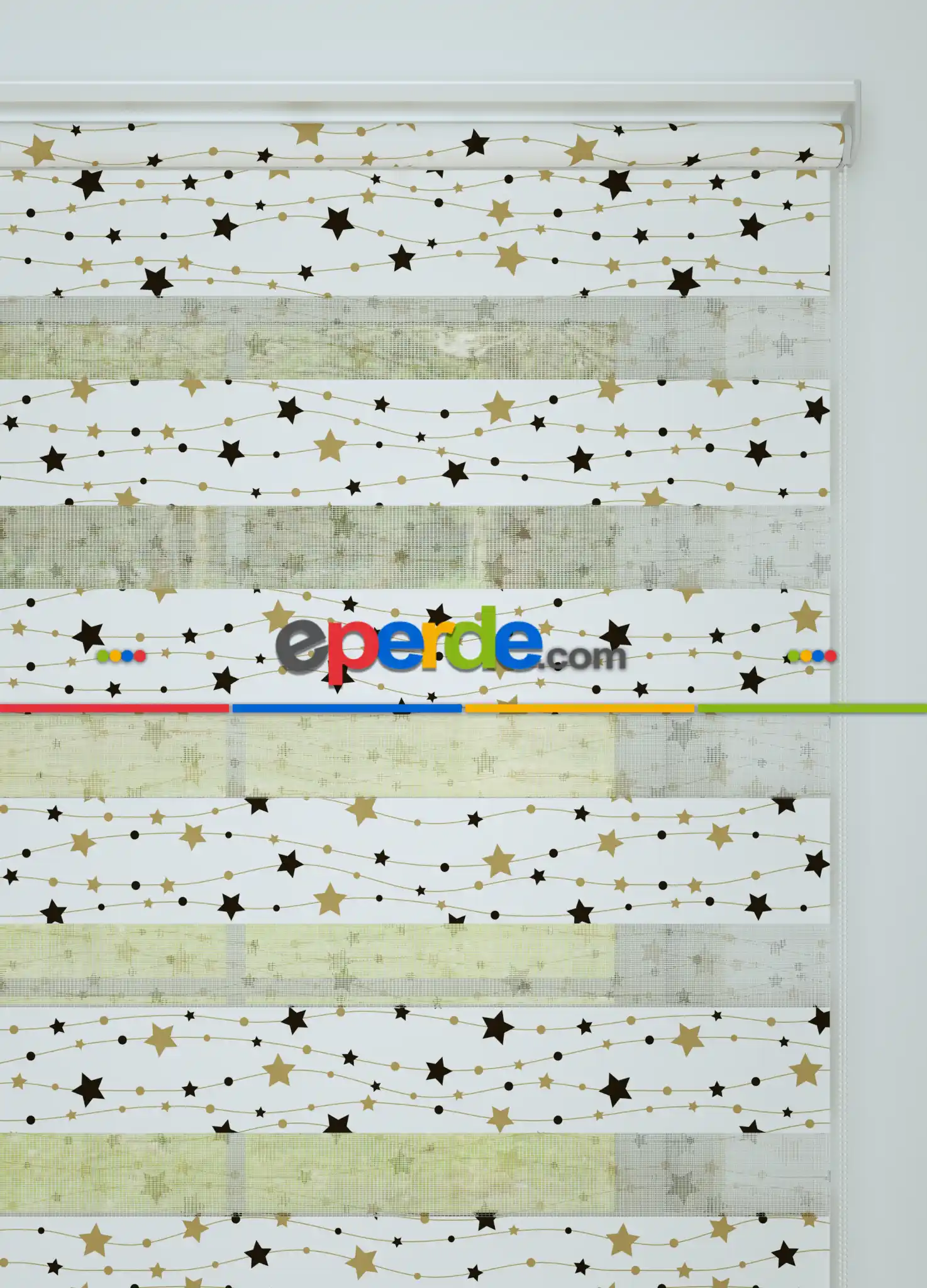 Siyah Altın Yıldız Desenli Baskılı Zebra Perde