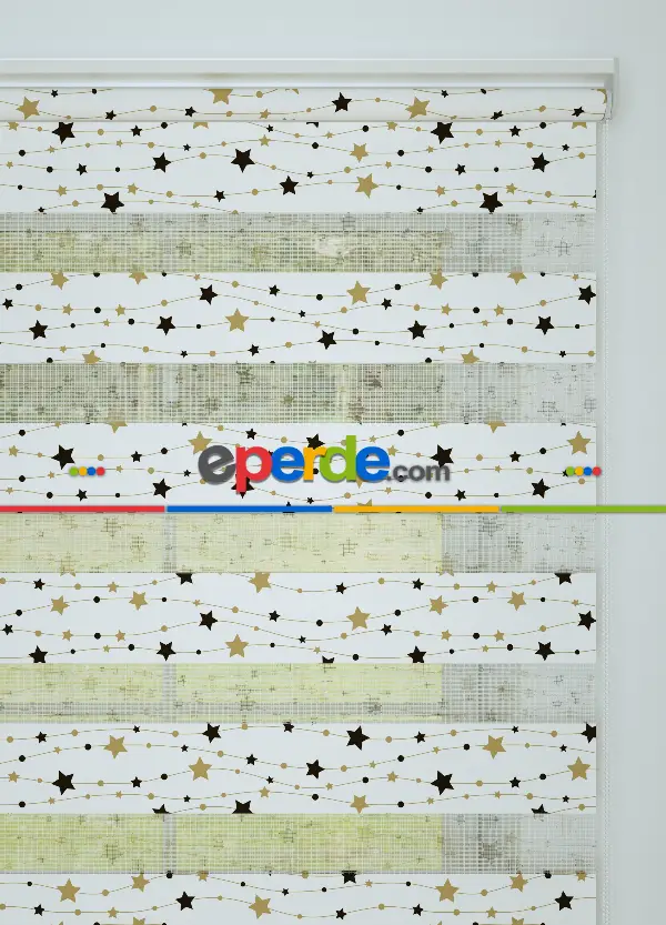 Siyah Altın Yıldız Desenli Baskılı Zebra Perde