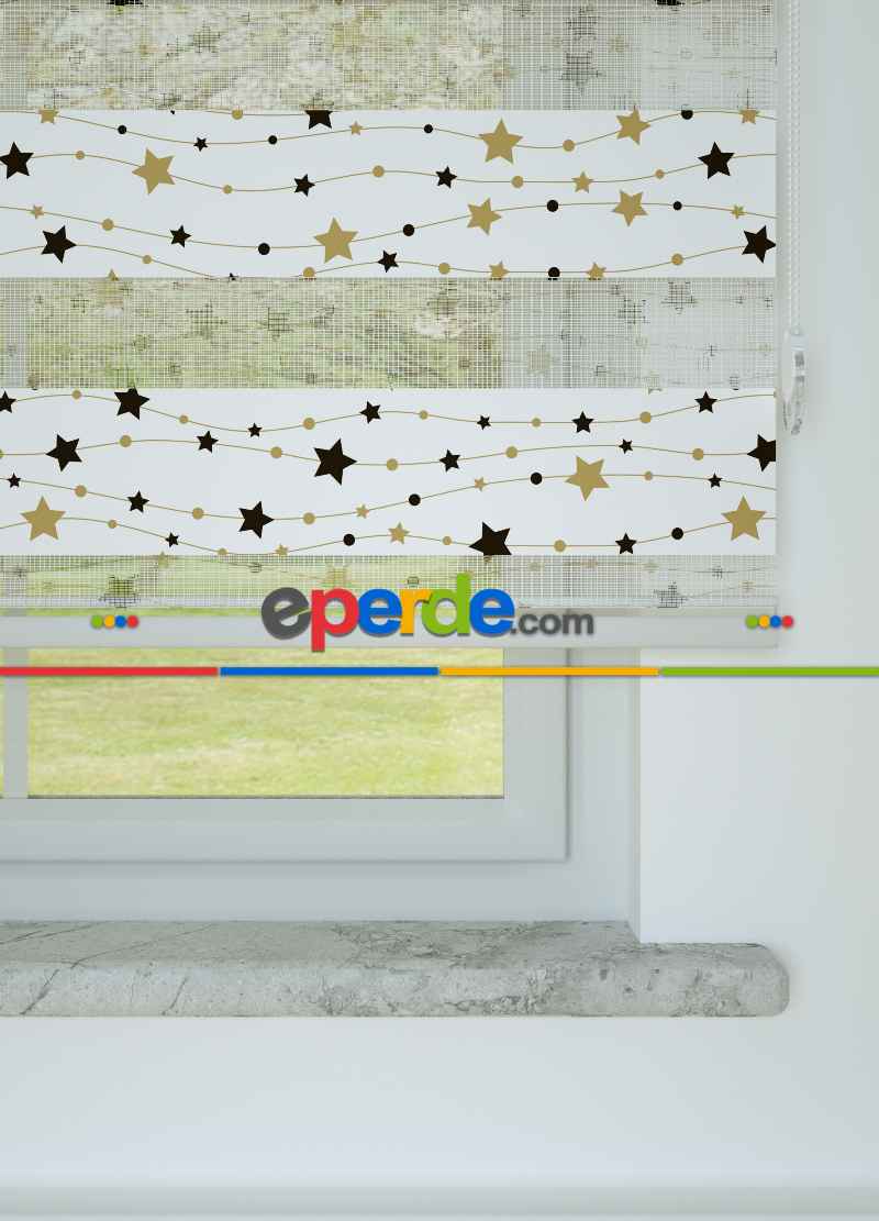 Bebek Odası - Siyah Altın Yıldız Desenli Baskılı Zebra Perde